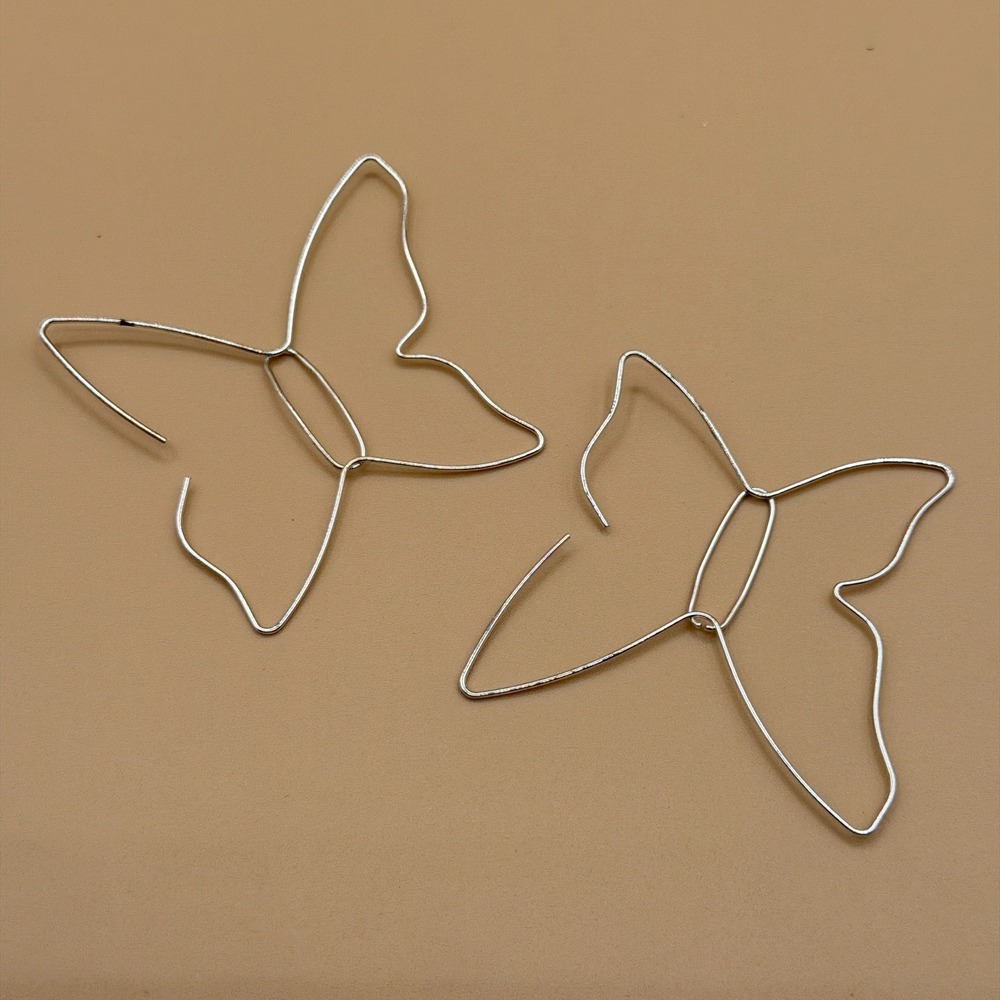 Silver Tone Butterfly Wire Earrings Large Dangle Minimalist Boho Y2K Statement
